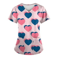 Блузи За Жени Мода Денот На Вљубените Печатење V-Вратот Краток Ракав Работна Облека со Џебови Врвови Дами Врвот Сина Л