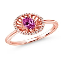Камен од камења од скапоцен камен 0. КТ овална розова создадена сафир 18K розово злато позлатен сребрен прстен