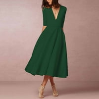 Жените Краток Ракав А-Линија Средна Должина Мода Лето Солидна V-Вратот Фустан Зелена L