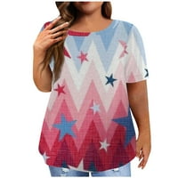Женски плус големина врвови со кратки ракави маица 4 јули 4 -ти графички печати патриотски маички летни обични екипаж маици