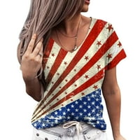 Маица за жени лабава вклопена женска независност Ден на Денот на независноста v вратот Обичен маица со кратки ракави пуловер