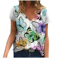 Женска Мода Повик V-Вратот Краток Ракав Пеперутка Печати Блуза