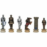Средновековен шах и четки за игри, рачно обоени шахмени и црна обоена табла со дрво со фиоки за складирање, 15 “