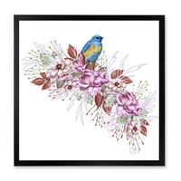 DesignArt 'Мала сина птица што седи на шарен boquet of Flowers' традиционално врамен уметнички принт