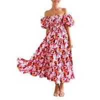 Женски Летни Фустани Летни Цветни Сонце Секојдневен Возбудлив Миди Плажа Бохо Фустан Со Едно Рамо