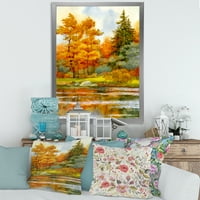 ДизајнАрт „Есенска шума покрај езерото III“ езерска куќа врамена уметничка принт