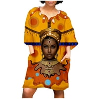 PhoneSoap Women Fashion African Vintage Print Middle Sleeve V Neck Casual Mini Dress Yellow