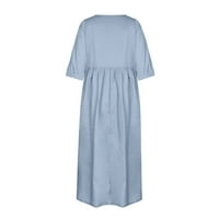Базири миди фустани за жени цврсти фустани женски тркалезни деколте лежерни фустани со кратки ракави сини s