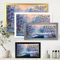 DesignArt 'Пастелна зимска шума со речното езеро куќа врамена уметничка принт