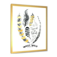 DesignArt 'Yellowолти етнички плими пердуви на бело' Боемјан и еклектичен врамен уметнички принт