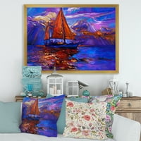 DesignArt „Црвен пловидба брод на виолетово зајдисонце во синиот океан“ наутички и крајбрежен врамен уметнички принт