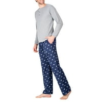 Машка пижама постави пижами за мажи, поставени со памучни плетени мажи панталони и маица со долг ракав Хенли сива со лос медиум