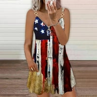 Женски Летни Фустани 4 јули Американско Знаме Печатење Плажа Сарафани Патент V Вратот О - Прстен Синџир Врска Ремен Без Ракави