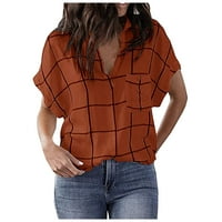 Bazyи женски блуза Bluzeенски моден кариран печатен џеб длабок v лапел маица со кратки ракави маица портокалова XL