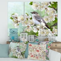 Сива птица што седи на гранка на цветно дрво за сликање на платно уметнички принт