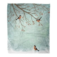 Фрли ќебе топло пријатно печатење фланел Бери Зимски пејзаж Фросно дрво и птици Булфинч, Булфинч Божиќ удобно мек за кревет