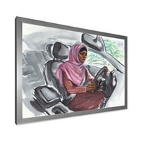 DesignArt 'Арапска дама управува со автомобил III' модерен врамен уметнички принт